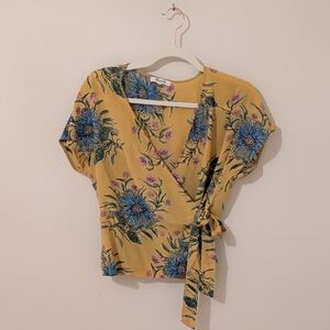 Madewell Yellow and Blue Silk Floral Wrap Blouse - XS